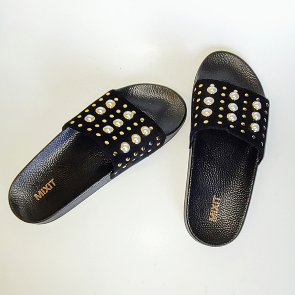 MIXIT Black whit Pearl and Stud Woman Slides. Sz 9 - Picture 10 of 12